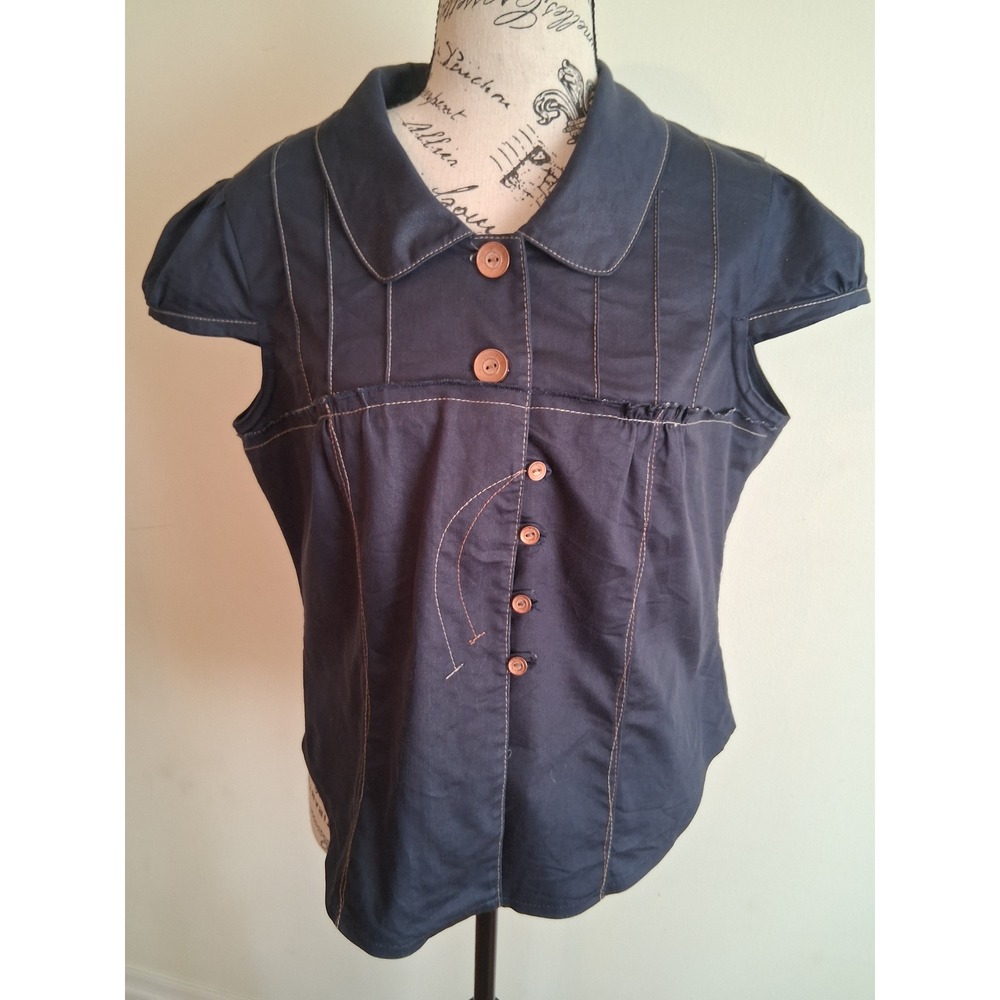 Lucien Daundis Navy Blue Contrast Stitch Peter Pan Collar Cap Sleeve Blouse Top